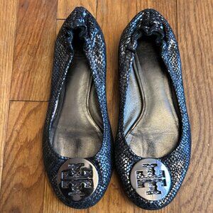 Tory Burch Metallic Silver Snakeskin Reva Flat Ballet Flats Shoes 7